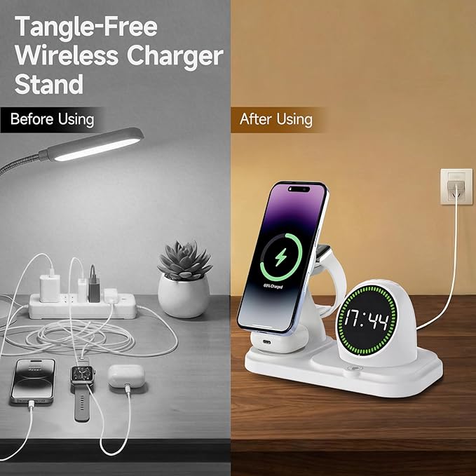 6 in 1 Wireless Charger i-Phone Charging Station: Stand for Multiple Devices for Apples - Compatible i-Phone 17 16 15 14 13 Pro Max Apples Watch Airpods, Design with Wireless Speaker & Clock (White)