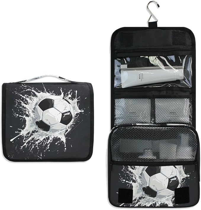 Hanging Travel Toiletry Bag Kit Boys Makeup Case Cosmetics Organizer for Men Women (Soccer Ball)