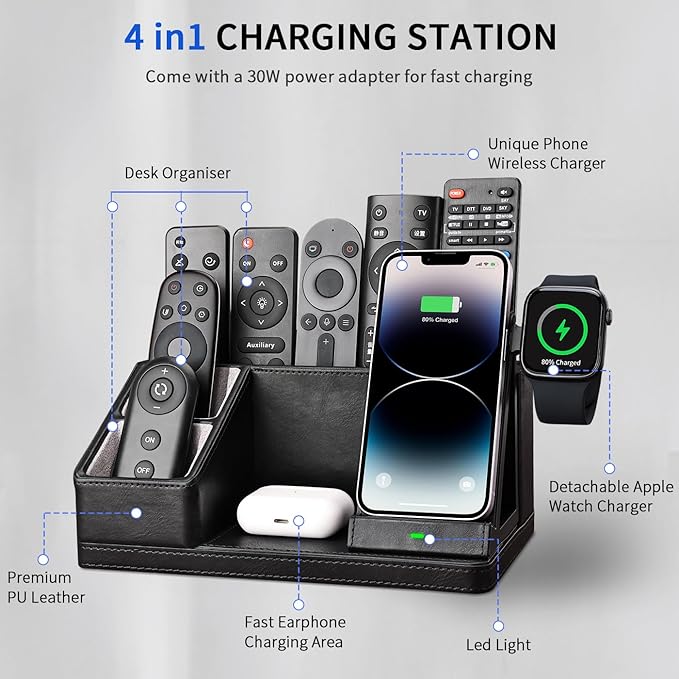 KINGFOM 3-in-1 Charging Station for iPhone, Apple Watch & AirPods – Fast Wireless Charger Stand, Desk Organizer with Phone Holder, Nightstand Dock for Apple Devices
