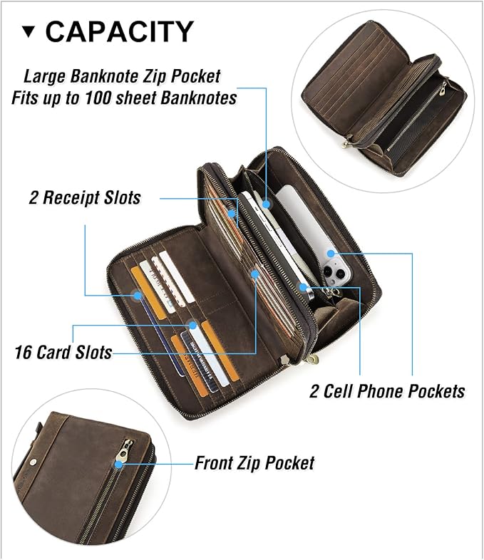 Top Grain Genuine Leather Clutch Wallet Bag with Hand Strap for Man & Woman, Handmade Minimalist Vintage Design, 2 Zip Pockets & Multi Slots, RFID Large Capacity for Cards/Phone/Check/Banknote, Coffee
