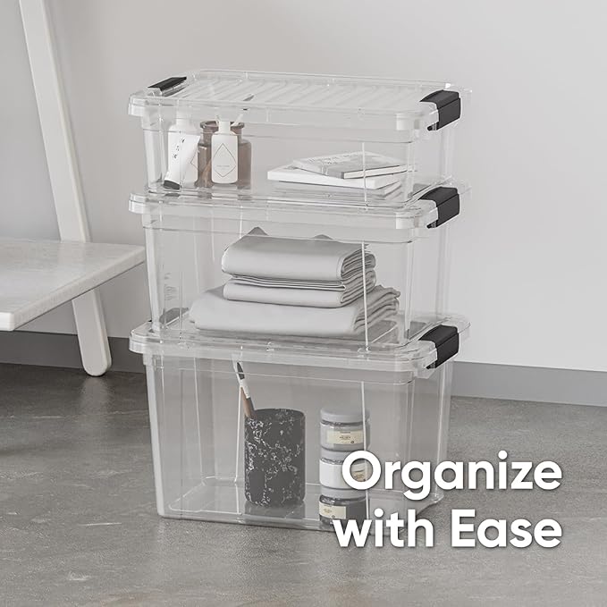 Superio Small Clear Storage Boxes with Lids, 4.75 Quart Plastic Container Bins for Organizing, Stackable Crates, BPA Free, Non Toxic, Odor Free, Organizers for Home, Office and Dorm, 4 Pack