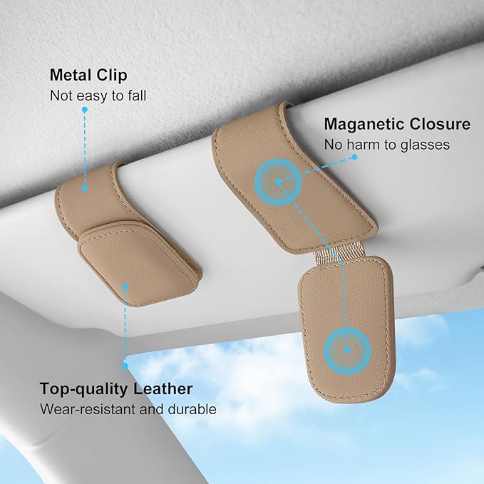 TCJJ Sunglasses Holders for Car Visor,Car Magnetic Glasses Holder Leather Sunglasses Clip and Ticket Card Clip Suitable for Car Interior Visor and Different Size Eyeglasses(Beige/2)