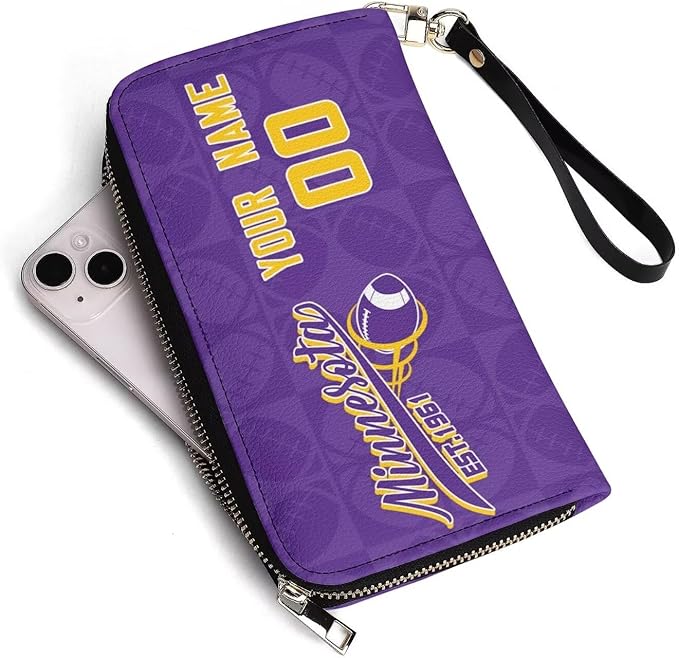 Custom Sports Team Zip Organizer Wallet-Personalized PU Leather Wallet with Name Number,Multi-Card Slots,Wrist Strap,Fan Gift for Men Women.