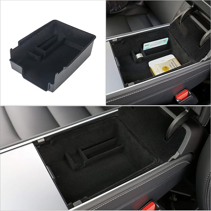 4 PCS Center Console Organizer and Cup Holder Insert Compatible With 2021-2023 Tesla Model 3，2021-2024 Model Y, Flocked/Silica Rubber Armrest Hidden Cubby Drawer Storage Box Accessories