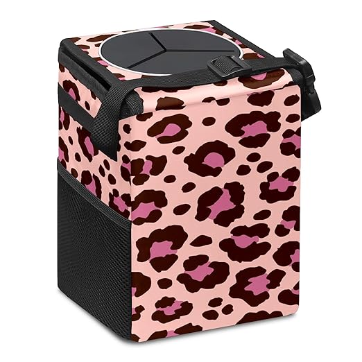 Car Trash Can Leopard Pink and Black Print Wate-rproof Auto Garbage Bag Car Trash Can with Lid Leak-Proof Car Storage Bag Hanging for Headrest Collapsible and Portable with Storage Mesh Pocket