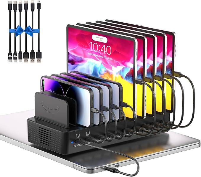580W Charging Station for Multiple Devices, 10-Port USB C Fast Charger Station, Dual PD 100W Charging Dock with Adjustable Dividers & 6 Cables-Device Organizer for Laptop MacBook, iPhone, iPad