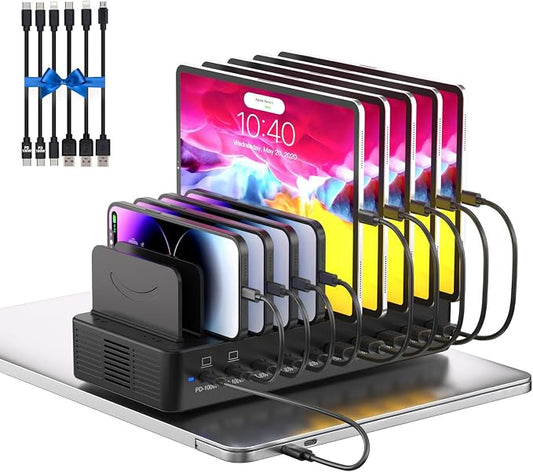 580W Charging Station for Multiple Devices, 10-Port USB C Fast Charger Station, Dual PD 100W Charging Dock with Adjustable Dividers & 6 Cables-Device Organizer for Laptop MacBook, iPhone, iPad
