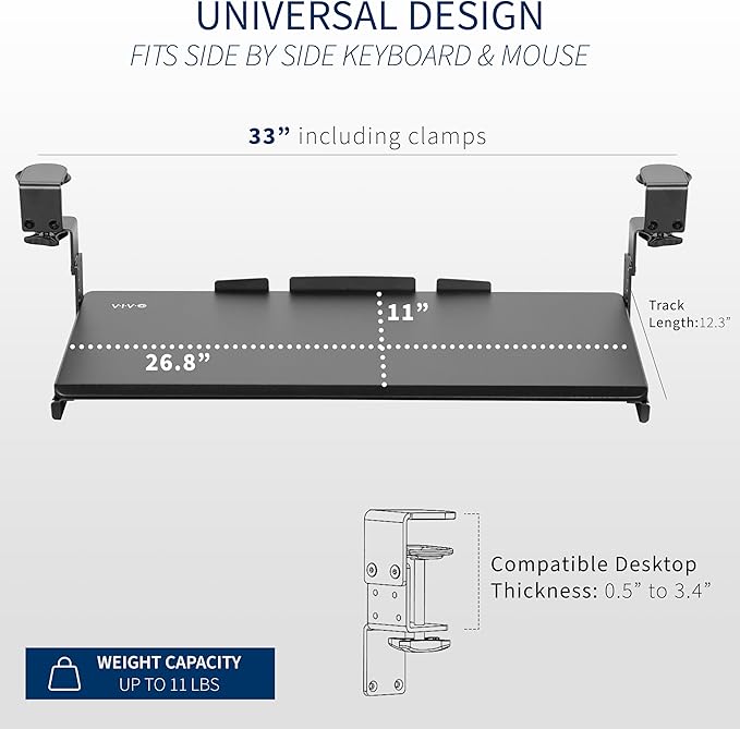 VIVO Large Height Adjustable Under Desk Keyboard Tray, C-clamp Mount System, 27(33 Including Clamps) x 11 inch Slide-Out Platform for Typing, Black, MOUNT-KB05HB