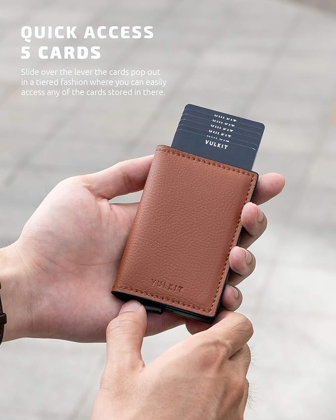 VULKIT Credit Card Holder RFID Blocking Leather Automatic Pop Up Wallet Aluminum Pocket Business Card Case