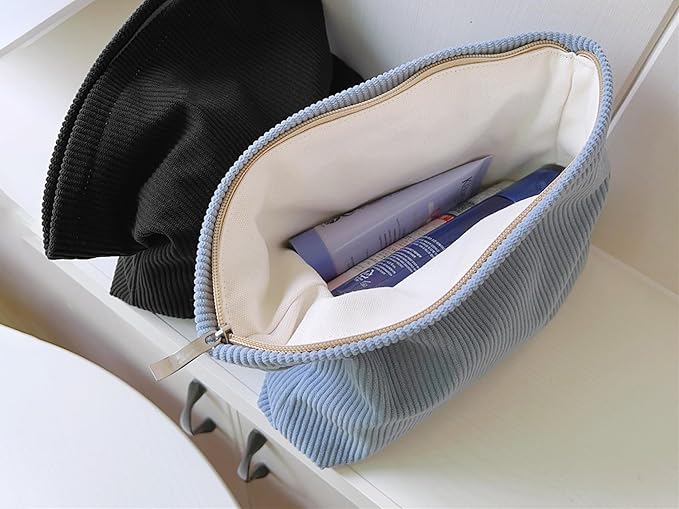 HAPPYHEIDI Corduroy Makeup Bag Set 3 w Compartment Cosmetic Toiletry Travel Pouch Purse Organizer, 3-Size, Soft Misty Blue