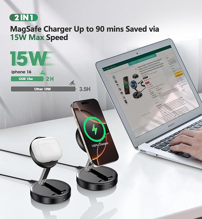 Magnetic Wireless 15W Fast Mag Safe Charger Pad for iPhone 17 Pro Max/17 Pro/17 Air/17/16/15/14/13/12 Series Foldable Charging Station Apple Mag-Safe Charger for AirPods 3/2/Pro 2/Pro