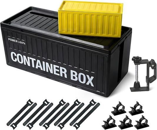 NEXIL Cable Management Box Kit - Cord Organizer Box to Hide Power Strips & Cables, 3-Piece Desk Cable Management Set with Headphone Hanger & Metal Storage Tin, Matte Black