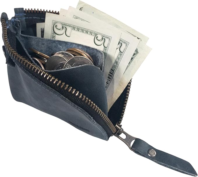 Hide & Drink, Zippered Wallet, Holds Up to 6 Cards Plus Folded Bills, Pouch Organizer, Cash Holder, Travel Essentials, Mini, Pocket-Size, Full Grain Leather, Handmade, Slate Blue