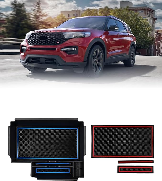 FIILINES Center Console Organizer for Ford Explorer 2020-2025 2026, Center Console Tray Secondary Armrest Storage Box ABS Insert Container with Anti-Slip Mats