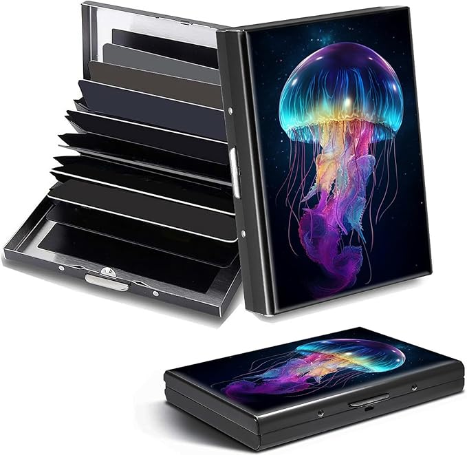 Credit Card Holder, Galaxy Jellyfish Design Mini RFID Blocking Aluminum Wallet Slim Metal Hard Case Shell Travel Wallet ID Case Small Credit Cards Case Business Cards for Women Men Girls