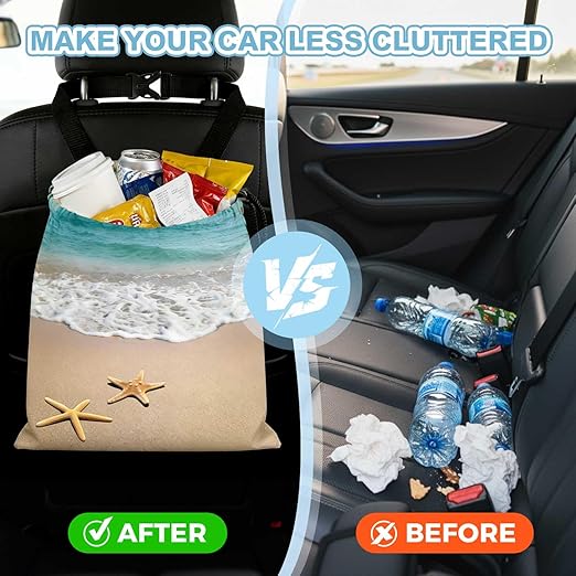 Beaches and Starfish Car Trash Bag - Waterproof Car Trash Bag Hanging Leakproof Car Garbage Bag - Washable Reusable Trash Bag For Car Interior Hanging Organizer Storage Vehicle Travelling Camping