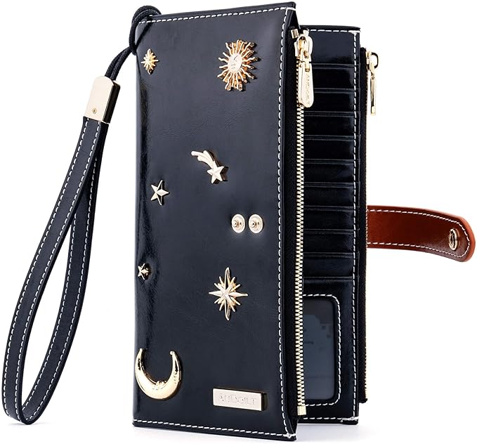 ANDOILT Women's Genuine Leather Wallet RFID Blocking Credit Card Holder Zipper Purse Cell Phone Handbag