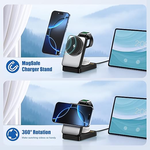 3 in 1 Wireless Charger Station for Multiple Apple Devices, Foldable Magnetic MagSafe Charging Stand, Portable Fast Travel Charger for iPhone 17/16/15/14/13/12/11 Pro Max/Apple Watch Series/Airpods