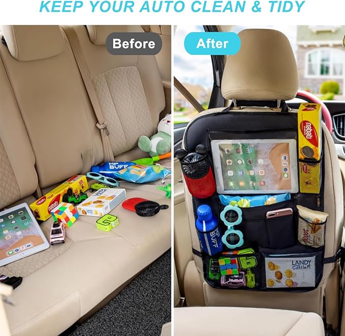 Matenf Car Organizer Back Seat with 9 Storage Pockets & 10″ Tablet Holder, 1Pack Seat Back Cover for Kids Toddlers, Kick Mats Protector, Keep Cars Vehicles Organized & Tidy, Travel Accessories