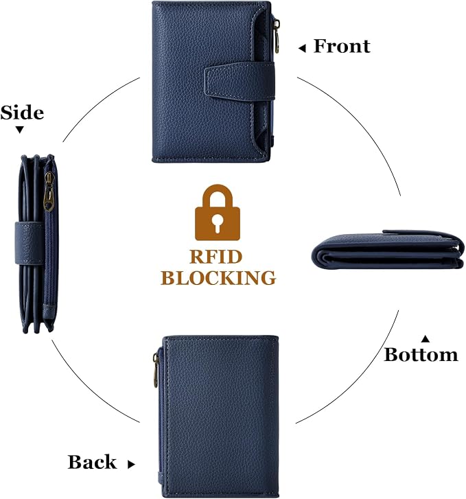 Airkit Small Wallet Women RFID Blocking Soft Leather Bifold Compact Card Holder Wallet for Women with Zipper Coin Pocket 4 ID Window