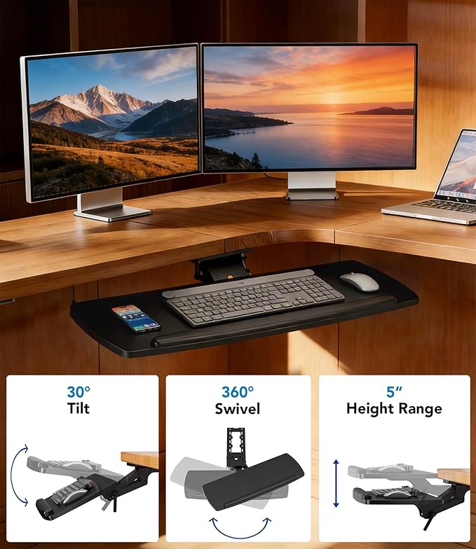 AX WABER Keyboard Tray Under Desk with Storage Drawer, Height Adjustable Keyboard Tray Slide Out 360° Swivel Tilt, Ergonomic Under Desk Mount Keyboard & Mouse Holder for Gaming Home Office, 28''x11''