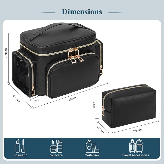 Makeup Bag Set, Portable Travel Makeup Bag Organizer for Women Cute Cosmetic Pouch Large Capacity with Makeup Brush Compartment, Cosmetic Travel Bag with Divider and Handle Toiletry Bag - Black