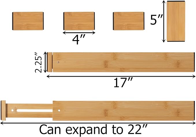 Basicwise Expandable & Adjustable Drawer Organizer with 4 Dividers & 4 Inserts Storage Solution for Home Office Dresser Desk Kitchen Bedroom Closet Separator for Socks Cutlery Clothes and Accessories