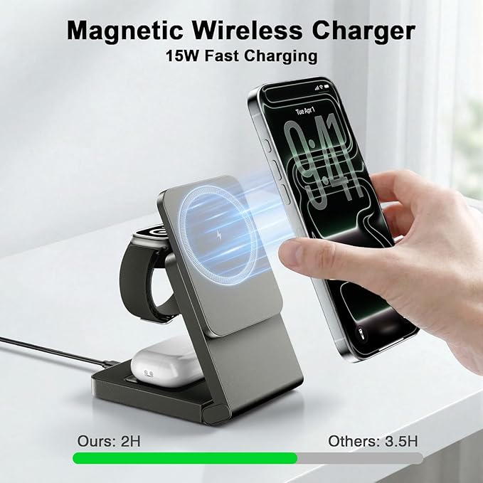 3 in 1 Wireless Charger Station for Multiple Devices, Foldable Magnetic Charging Stand, Portable Fast Travel Wireless Charger for iPhone17/16/15/14/13/12 Pro Max/ AirPods2/3/4 and IWatch Ultra Series