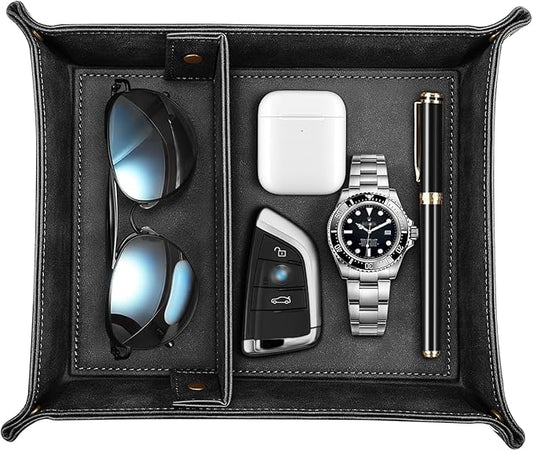 SITHON Valet Tray Desktop Storage Organizer, Removable 2 Compartments Catchall Tray Bedside Vanity Nightstand Caddy Holder Desk Storage Plate, Black