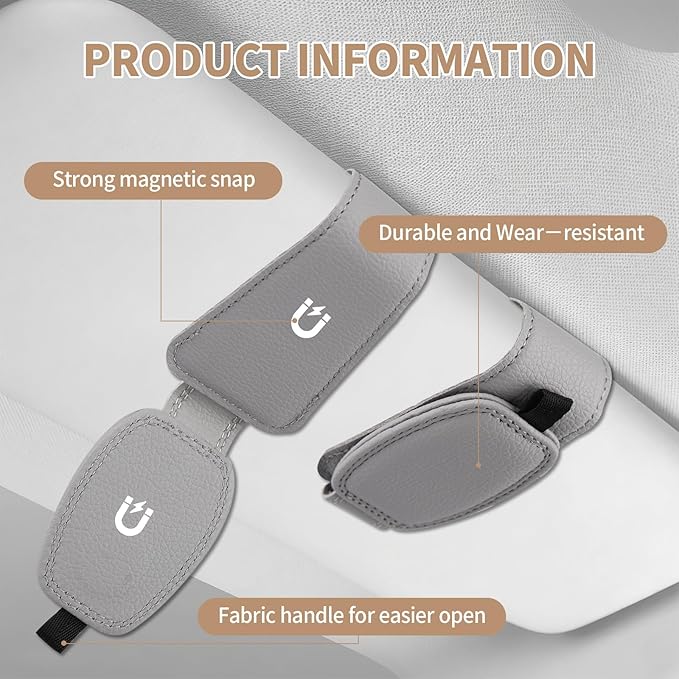 Visor Sunglasses Holder Clip for Car, Magnetic Leather Clip for Car Visor, Universal Glasses Organizer 2 Pack, Grey