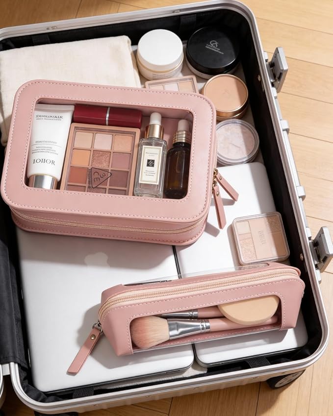 LETGO 2Pack Clear Makeup Bags Set, Clear Travel Makeup Brush Holder, Portable Leather Travel Toiletry Bag Pink Car Accessories for Women