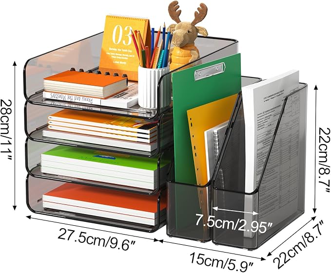 FANXIYQ 4-Tier Brown Acrylic Paper Tray Organizer with Bookends, Stackable Letter Tray Organizer for Desk, Acrylic File Organizer & Office Paper Organizer, Desk Accessories for Home Office
