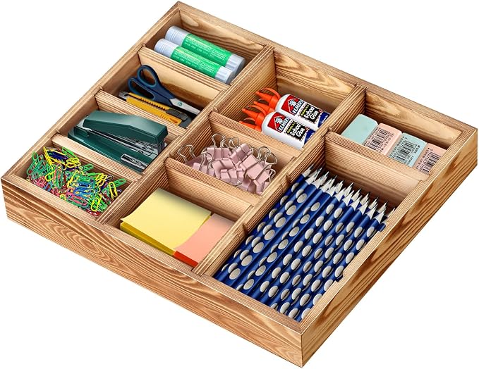 Wooden Desk Drawer Organizer, 9-Slot Office Organization and Storage Box, Adjustable Natural Wood Desktop Tray for Pens, Sticky Notes, and Small Accessories, Aesthetic Home Office Decor (12 x 9 In)