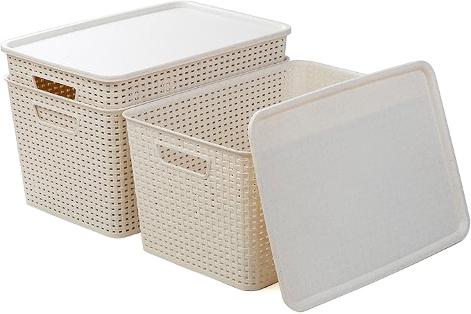 BINO | Plastic Storage Baskets with Lids, 22 Liter - 3 Pack, Natural | THE WOVEN COLLECTION | Storage Basket for Shelves | Woven Storage Baskets for Organizing Bins | Pantry Shelf Organizer Bin