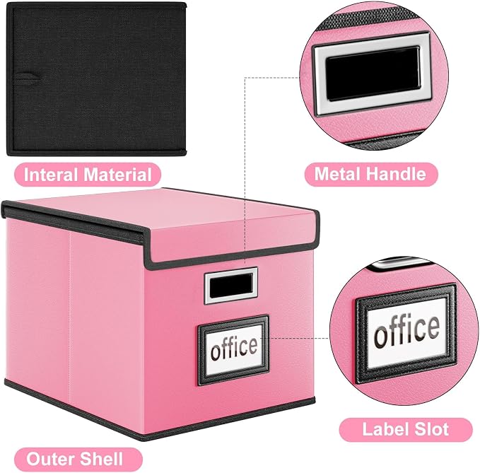 Portable Leather File Organizer Boxes with Lids, Office Document Boxes Organizer, Filing Boxes, Decorative Small File Boxes for Hanging Files, File Cabinet for Office/Home - 4 Pack