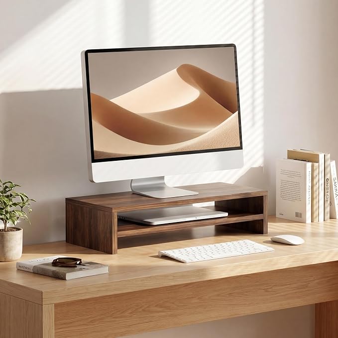 FITUEYES Monitor Stand - 2 Tier Computer Monitor Riser with 21.3 Inch Shelf, Wood Desktop Stand for Laptop Computer Screen, Desk Organization, Office Supplies