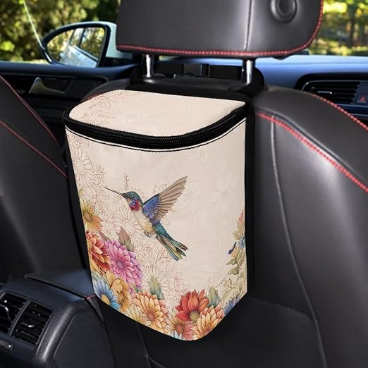 Biyejit Car Rubbish Storage Reusable Car Trash Can for Car SUVs Vans, Car Trash Bag Bin Hanging Waterproof Automotive Car Garbage Cans Leak Proof Vehicle Trash Can, Hummingbird Flowers