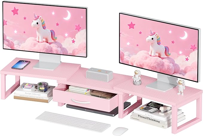 Desk Organizers and Accessories, Dual Monitor Stand Riser with Drawer, Computer Monitor Stand, Adjustable Desk Shelf for PC Laptop Printer TV, Pink