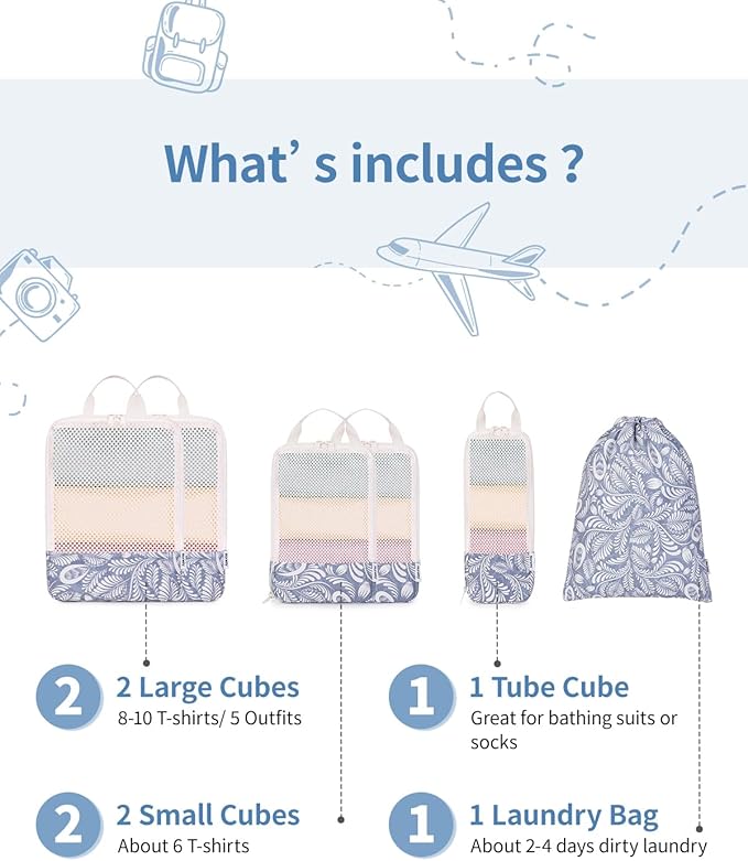 Narwey 6 Set/5 Set Compression Packing Cubes for Travel Kids Women Carry on, Packing Organizers Bag for Backpack Luggage Suitcase Duffle Bags
