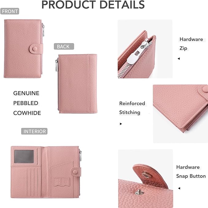 Gyanm Genuine Leather RFID Blocking Passport Holder for Women, Slim Travel Wallet with Zipper Coin Pocket, Card Slots and SIM Slots, Compact Passport Cover Case, Pink