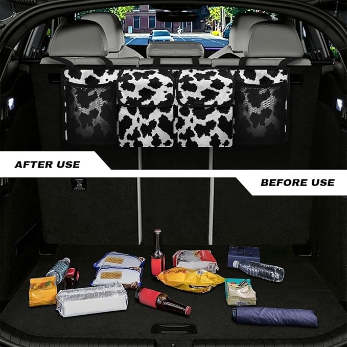 Cow Pattern Trunk Organizer and Storage, Waterproof Backseat Hanging Organizer for SUV, Truck, Collapsible Cargo Storage Bag with 4 Pockets, Car Interior Accessories