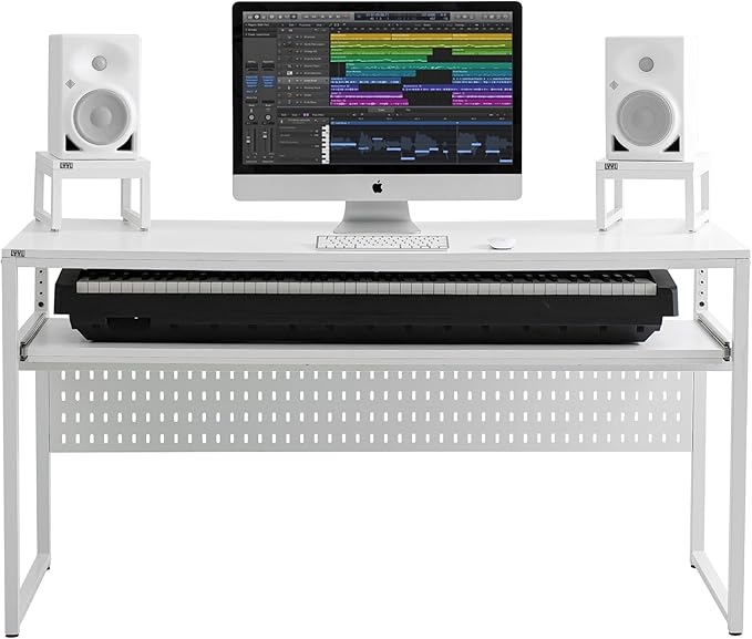 Music Studio Desk with Keyboard Tray, for Full 88 Keys and 61 Keys (Music Producer Desk) (White, 88 Keys (Without Height Adjustment Bracket)