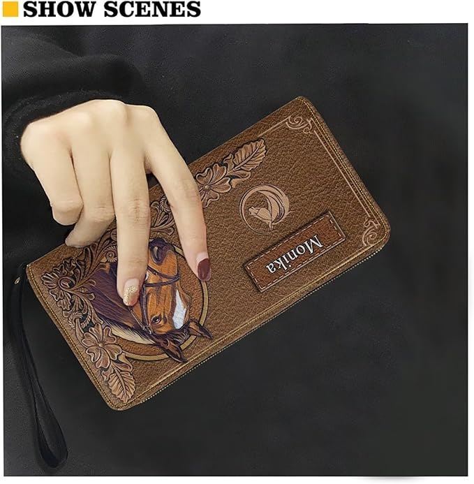 Bulopur Custom Name Wallet for Women Large Capacity RFID Phone Holder Horse Clutch Purse Long Wallet Credit Card Holder Coin Money Clip PU Leather Zip Around Wristlet Wallets