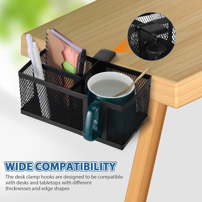 Operitacx Clip on Desk Organizer with Clamp Cup Holder and Phone Stand Multifunctional Desktop Storage for Pens and Accessories Space-Saving Black Desk Side Organizer for Home and Office