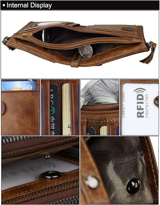 Men's Folding Double Zip Wallet RFID Blocks Retro Short Coin Purse