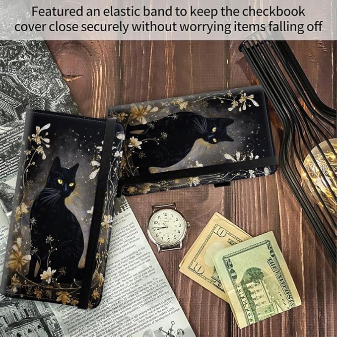 FUYOCWE Leather Checkbook Covers for Men Women Check book Holder Cover Wallets for Personal Checkbook Duplicate Checks with RFID Blocking & Elastic Strap,Black Cat with Gold Floral