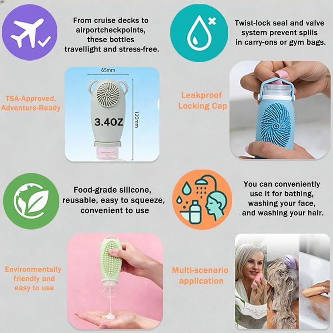 Travel Bottles for Toiletries,Tsa Approved Travel Size Containers 3-Pack (3.4 oz)，Leak Proof Refillable Liquid Silicone Squeezable Accessories for Shampoo Conditioner Lotion