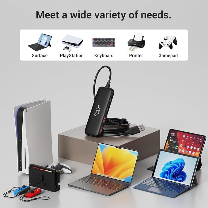 Qeefun 10Gbps USB 3.2 Hub with 2 USB A & 2 USB-C 3.2 Data Ports, USB 3.2 Gen 2 Splitter, 4ft Extended Long Cable and Type-C Power Port, USB multiport Adapter for pc, Laptop, iMac, Mac mini and More