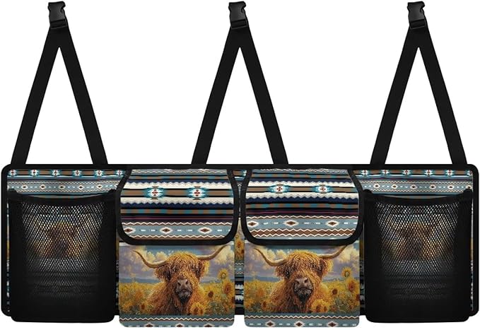 Aztec Tribe Car Trunk Organizer,Highland Cow Print Backseat Hanging Large Storage with Adjustable Straps,Waterproof Collapsible Cargo Bag,Keep Your Trunk Clean and Tidy