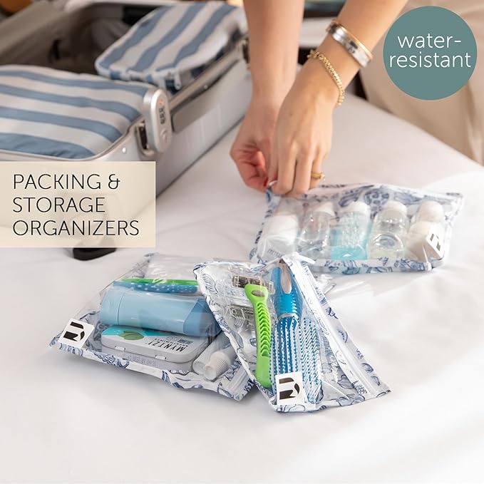 Bumkins Roamio Travel Bag, Toiletry, TSA Approved Pouch, Zip Quart Size Airline Compliant, Clear-Sided, Baby, Diaper Bag Organization, Makeup, Accessories, Carry On, Set of 3 Sizes, Blue Shells